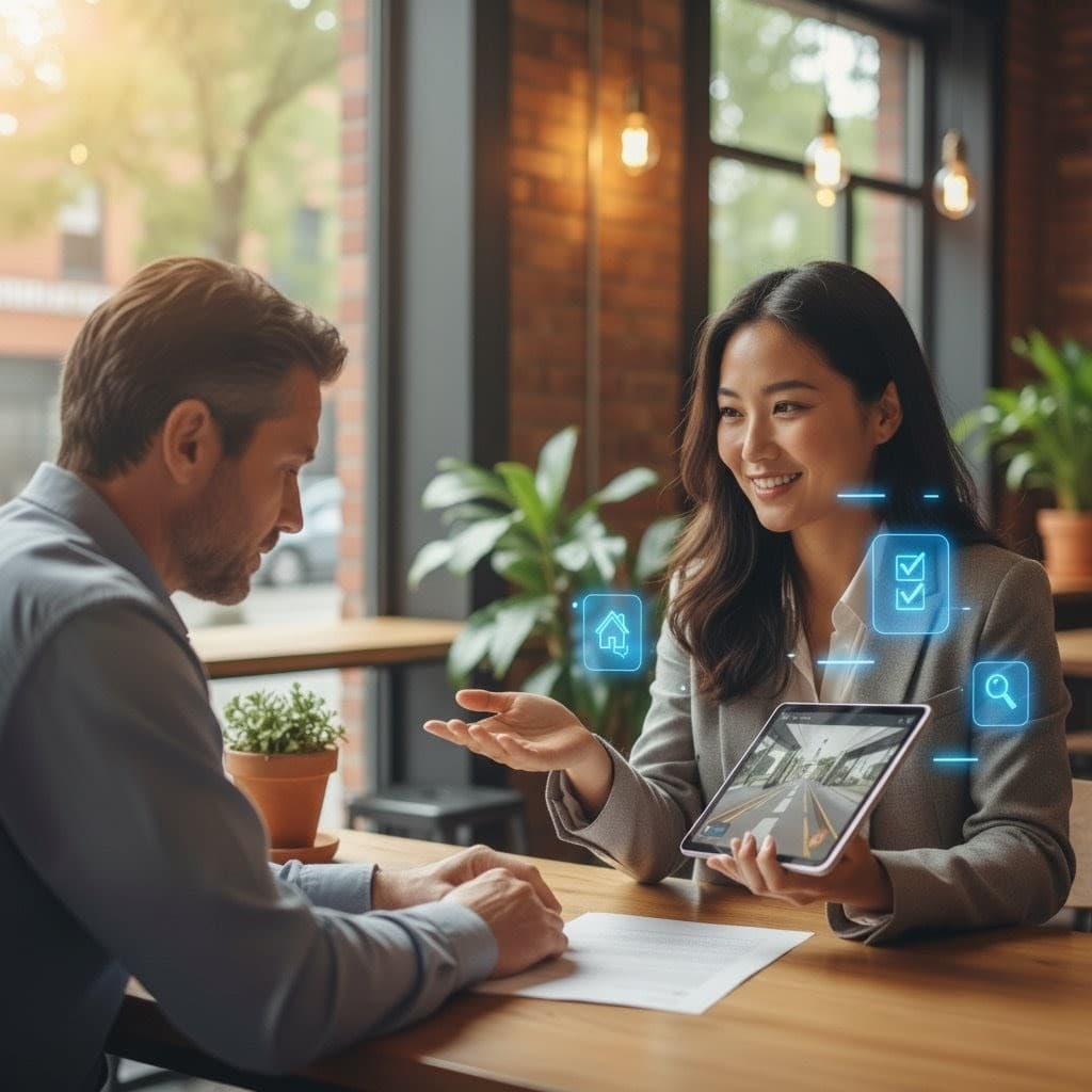 Real estate professional using AI automation tools and analytics dashboard to streamline workflows and save time